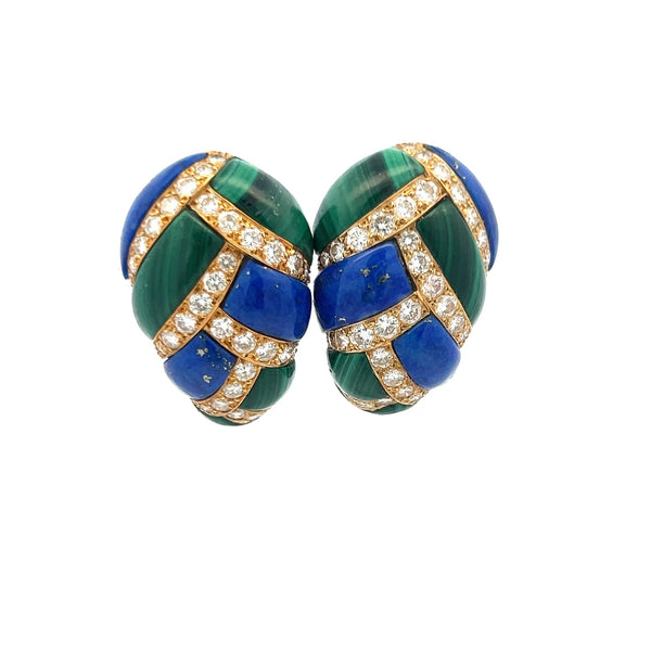 4.50ct Round Brilliant Diamond, Lapis & Malachite Clip-On Earrings in 18K Gold