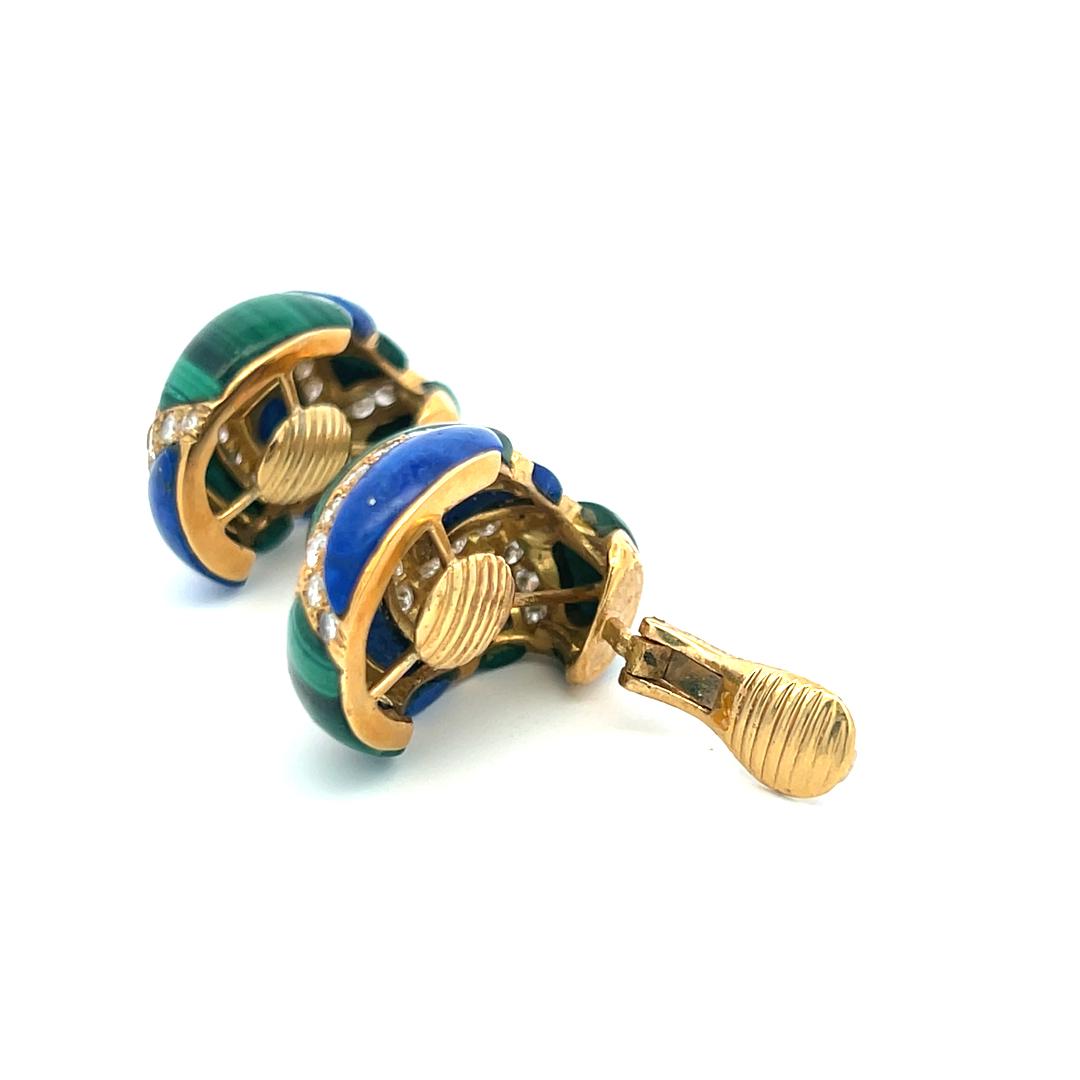 4.50ct Round Brilliant Diamond, Lapis & Malachite Clip-On Earrings in 18K Gold