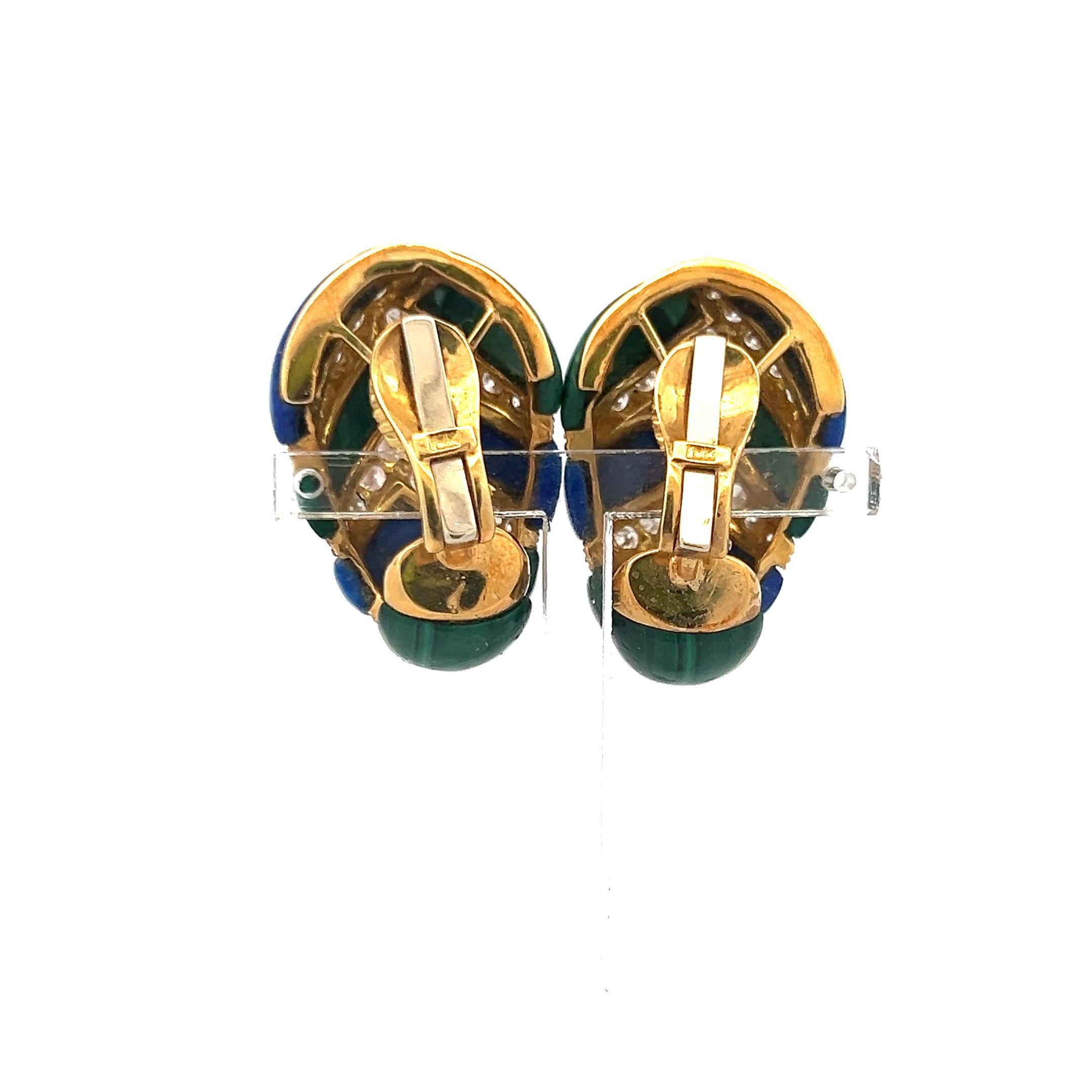 4.50ct Round Brilliant Diamond, Lapis & Malachite Clip-On Earrings in 18K Gold