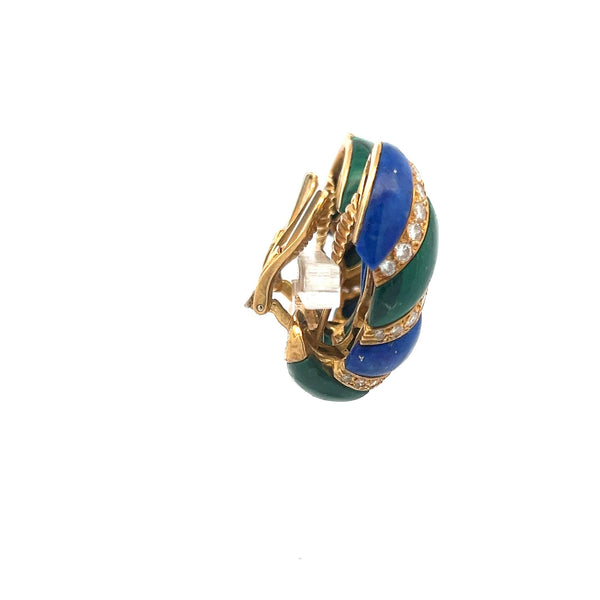4.50ct Round Brilliant Diamond, Lapis & Malachite Clip-On Earrings in 18K Gold