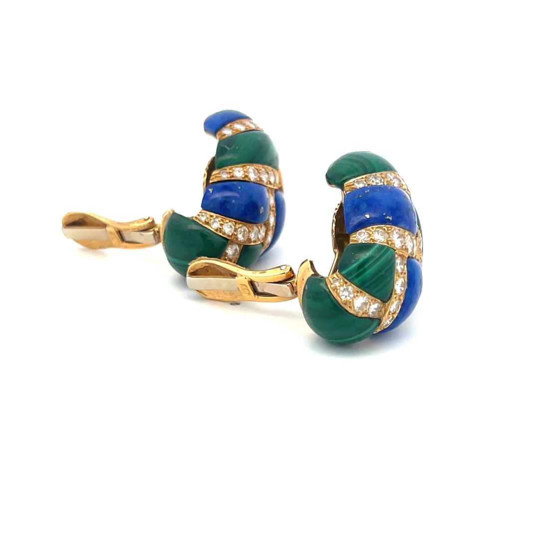 4.50ct Round Brilliant Diamond, Lapis & Malachite Clip-On Earrings in 18K Gold