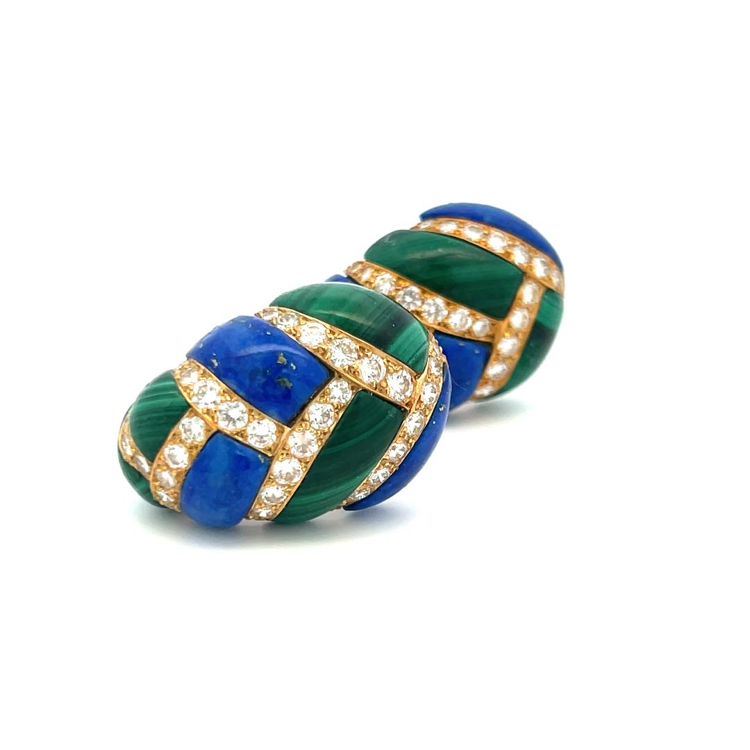 4.50ct Round Brilliant Diamond, Lapis & Malachite Clip-On Earrings in 18K Gold