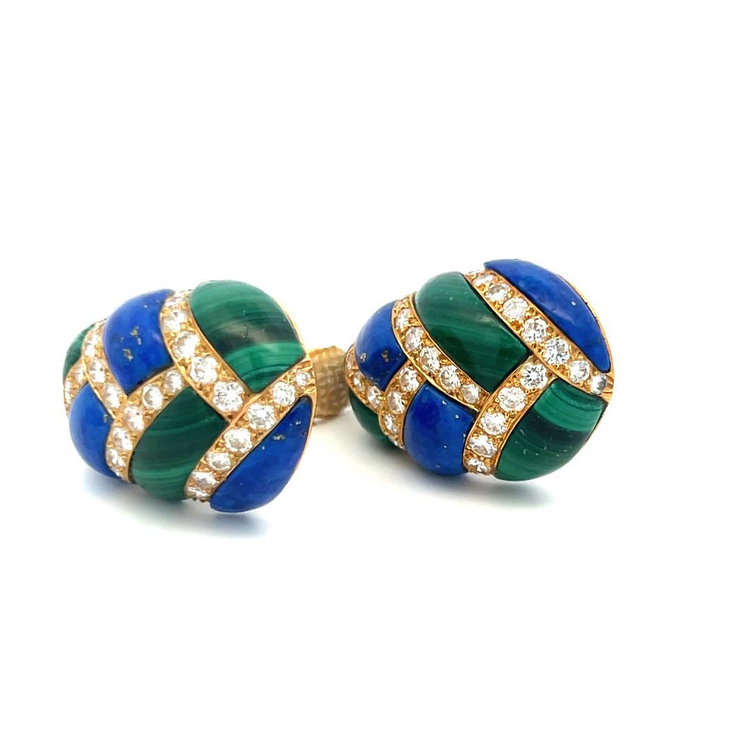 4.50ct Round Brilliant Diamond, Lapis & Malachite Clip-On Earrings in 18K Gold