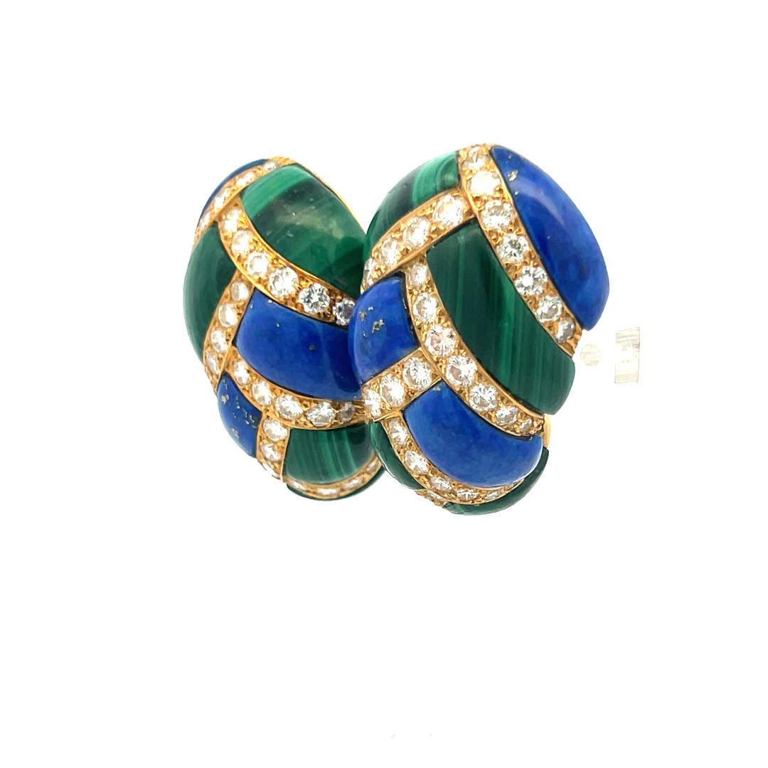 4.50ct Round Brilliant Diamond, Lapis & Malachite Clip-On Earrings in 18K Gold