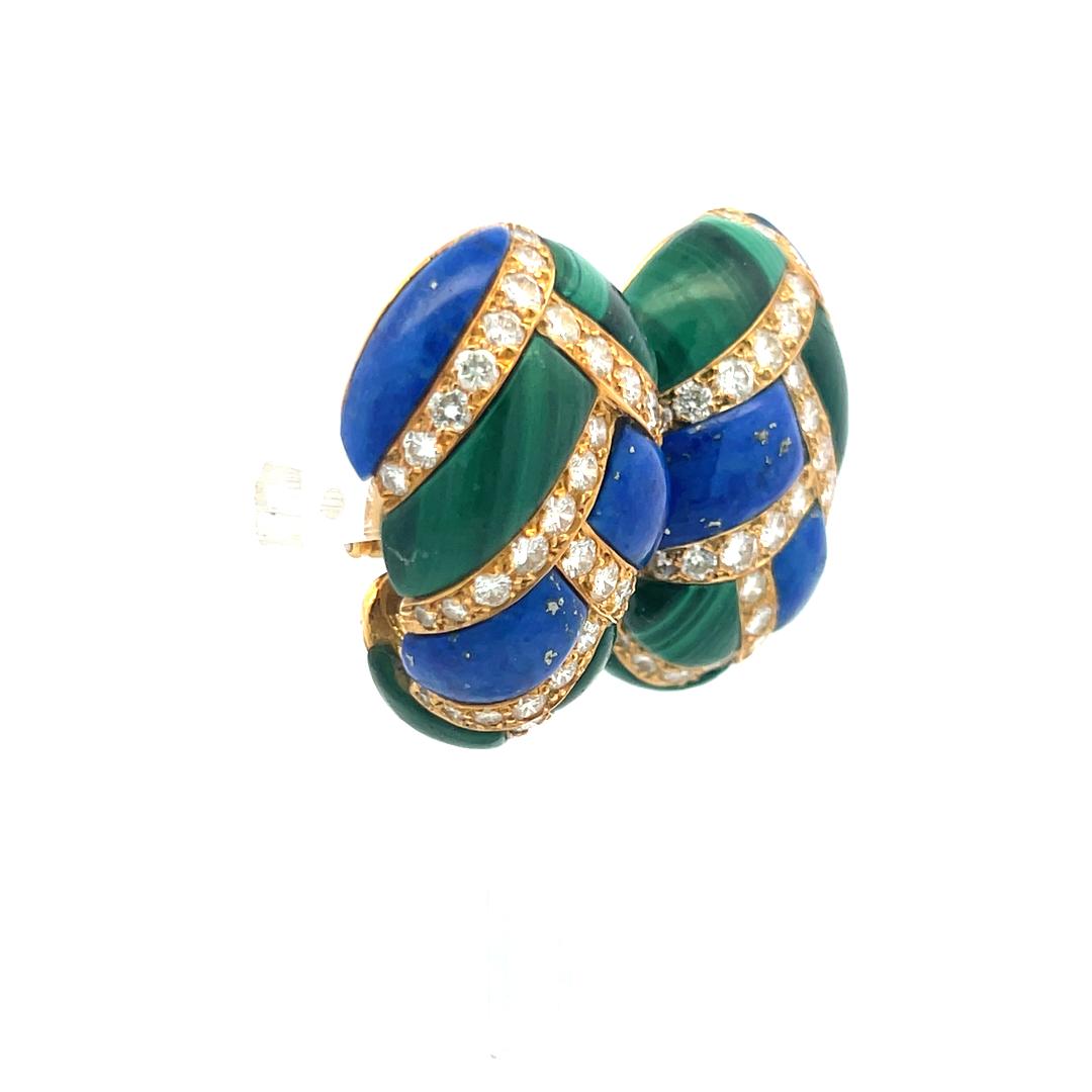 4.50ct Round Brilliant Diamond, Lapis & Malachite Clip-On Earrings in 18K Gold
