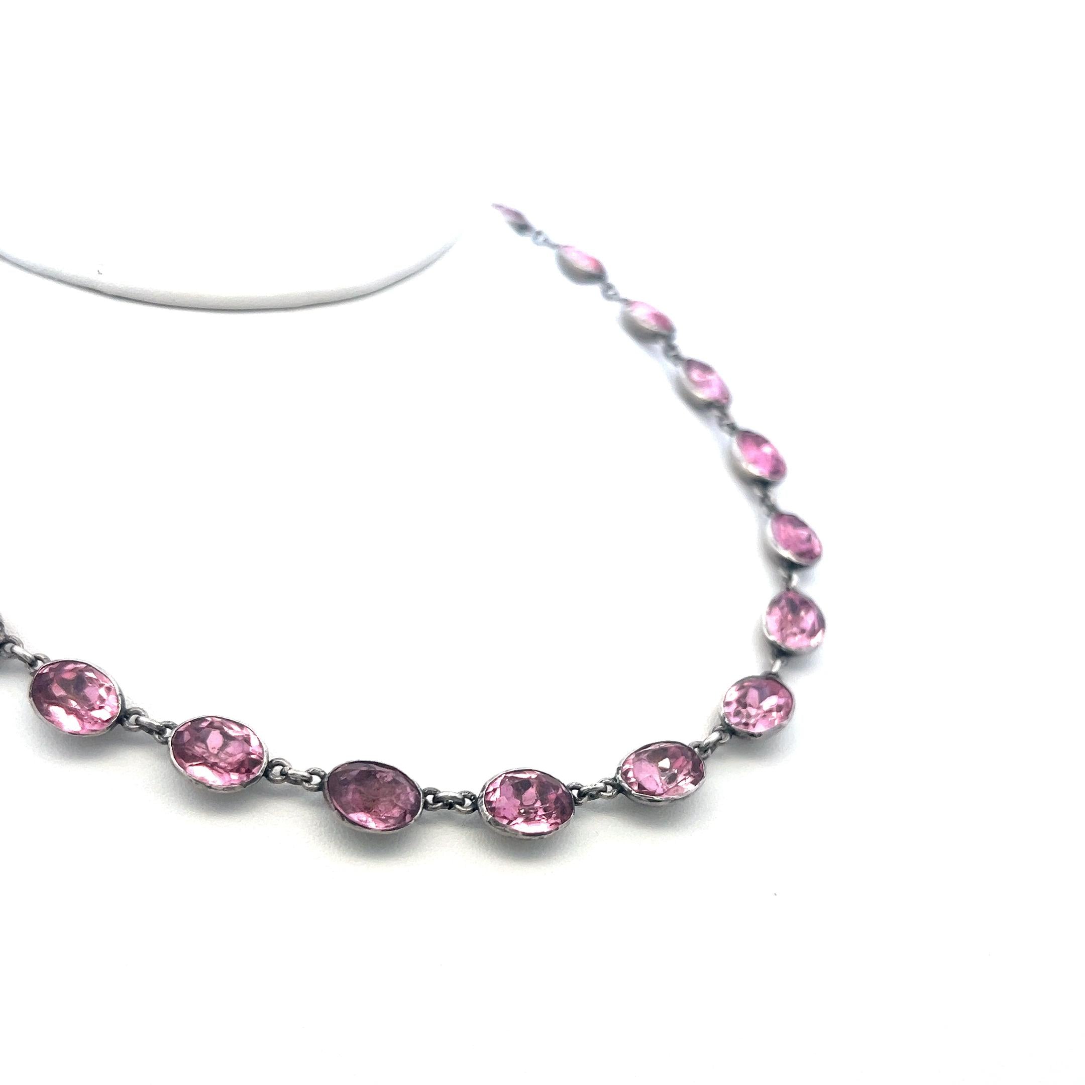 Vintage White Silver Link Necklace with 72 Carat Oval Tourmaline 16 Inch Long