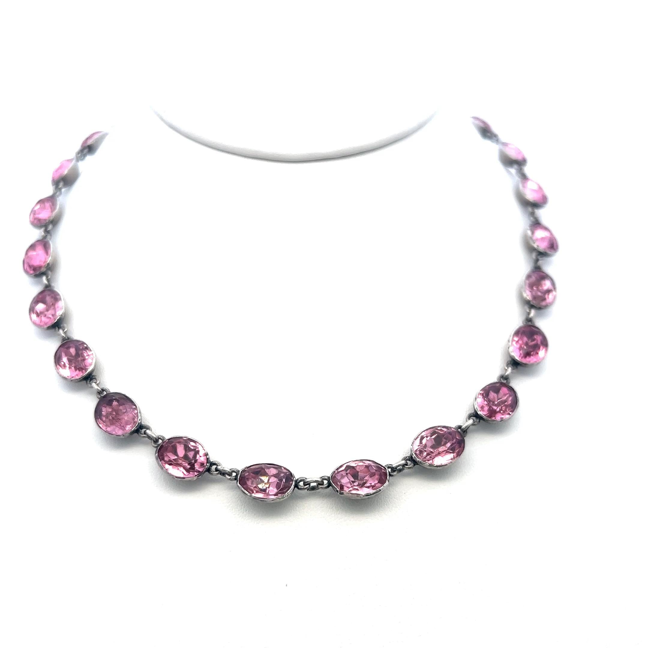 Vintage White Silver Link Necklace with 72 Carat Oval Tourmaline 16 Inch Long