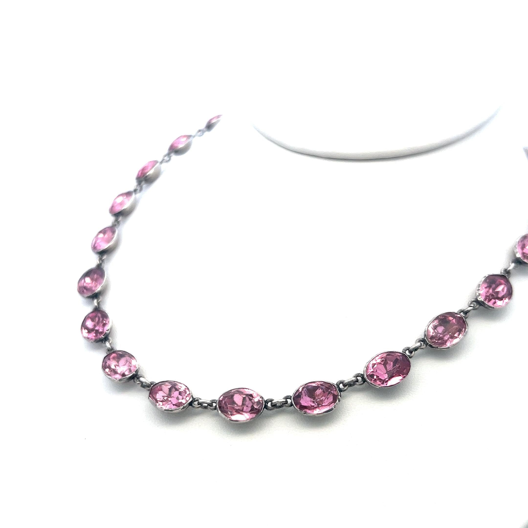 Vintage White Silver Link Necklace with 72 Carat Oval Tourmaline 16 Inch Long