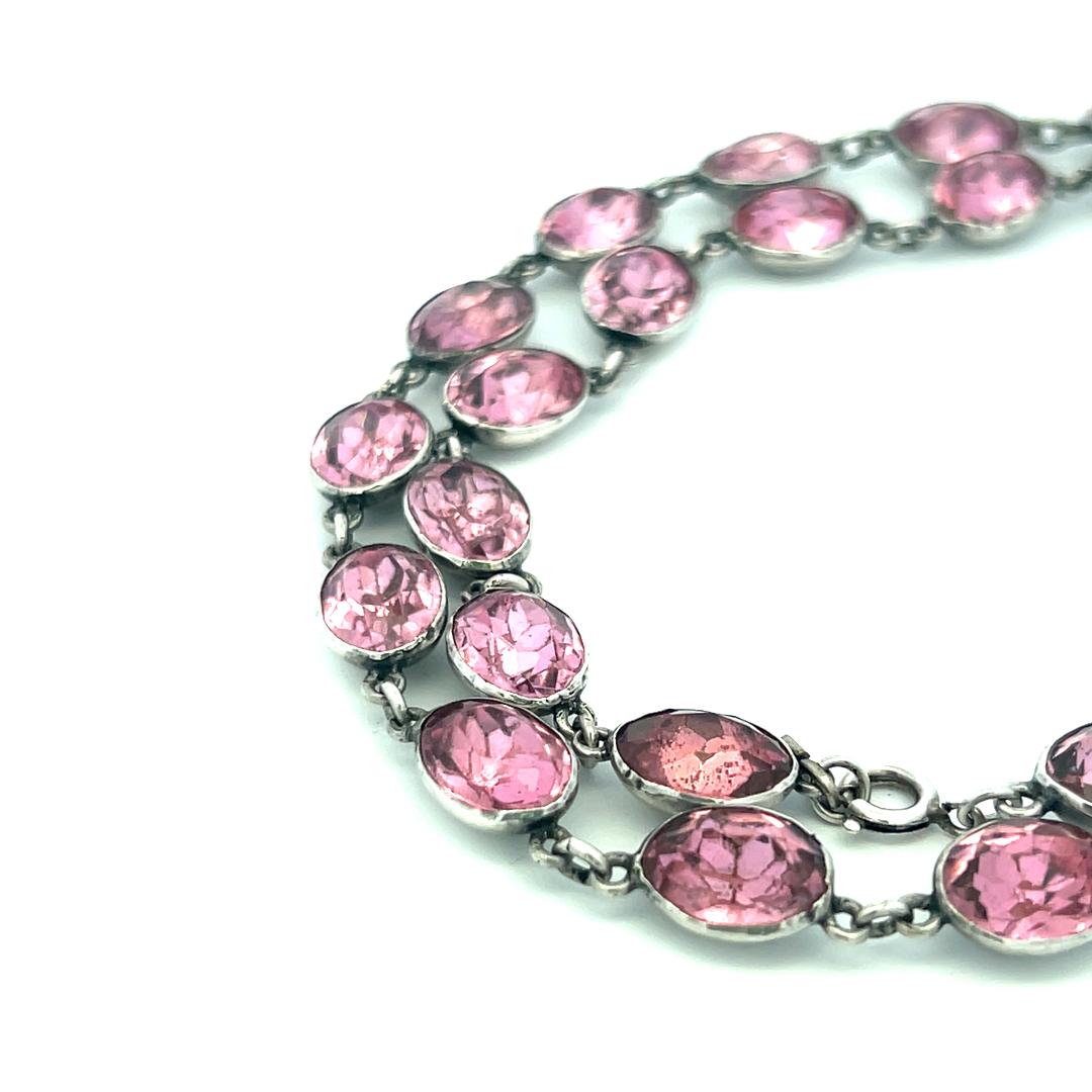 Vintage White Silver Link Necklace with 72 Carat Oval Tourmaline 16 Inch Long