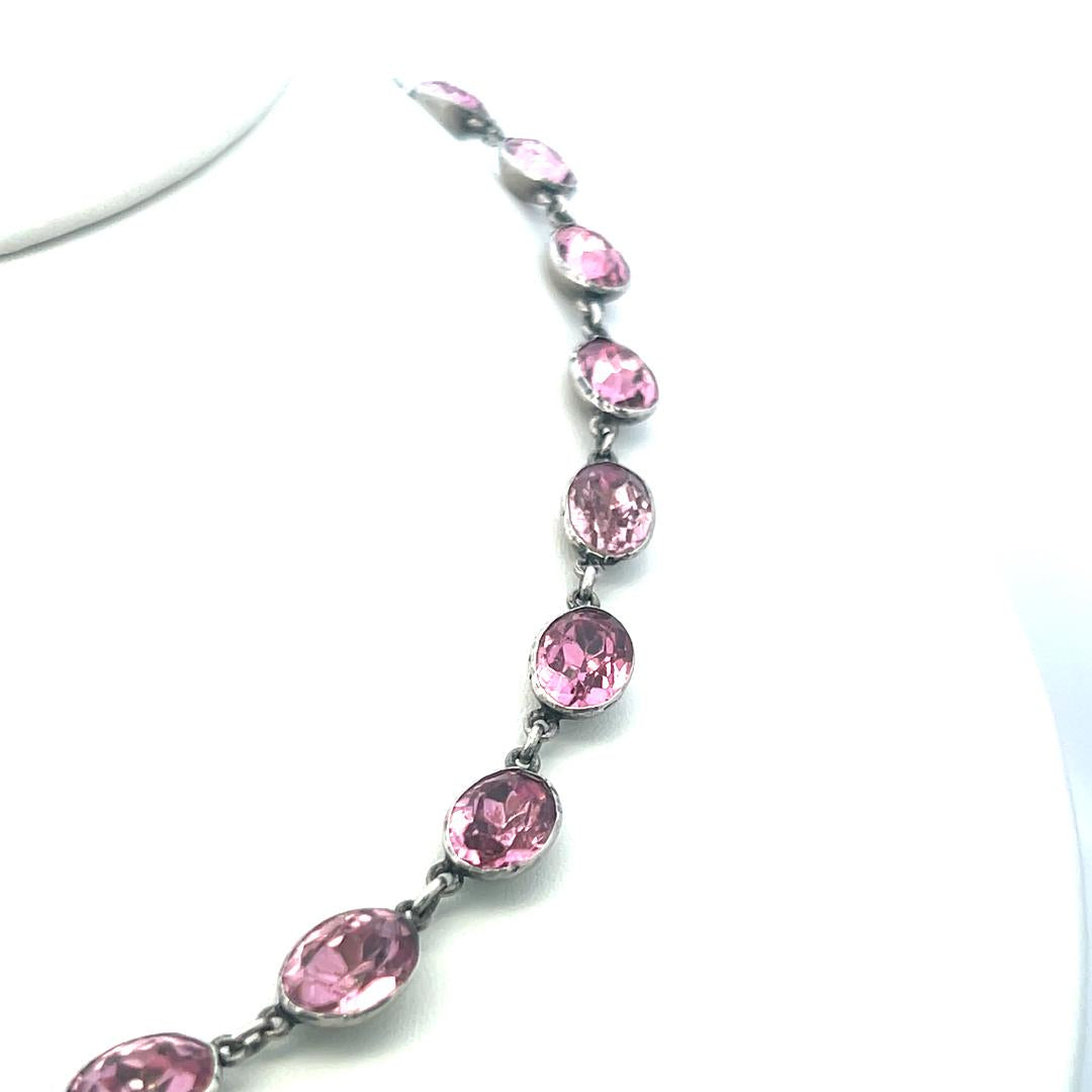 Vintage White Silver Link Necklace with 72 Carat Oval Tourmaline 16 Inch Long