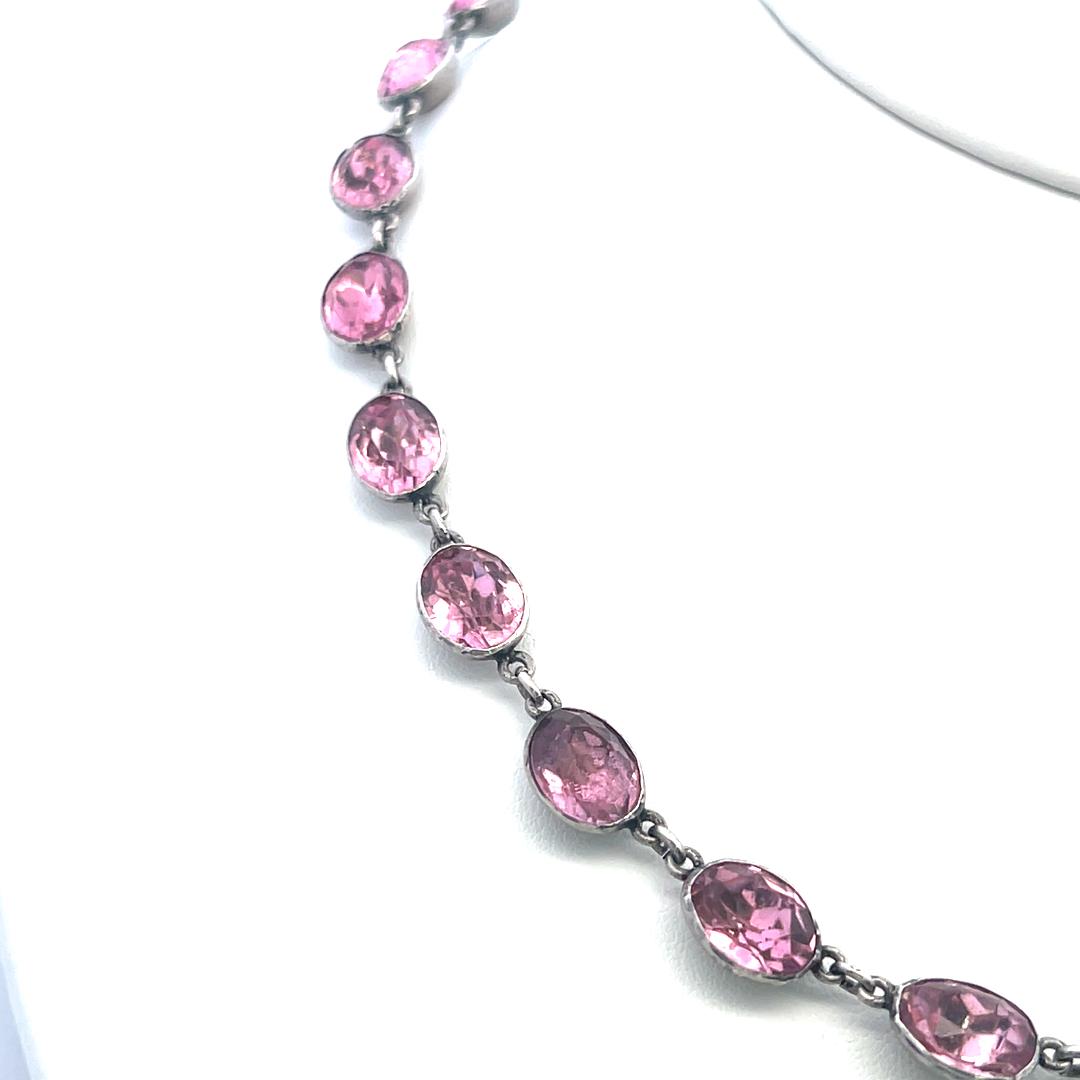 Vintage White Silver Link Necklace with 72 Carat Oval Tourmaline 16 Inch Long