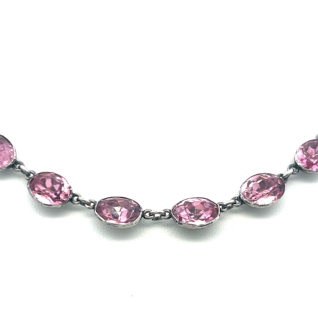 Vintage White Silver Link Necklace with 72 Carat Oval Tourmaline 16 Inch Long