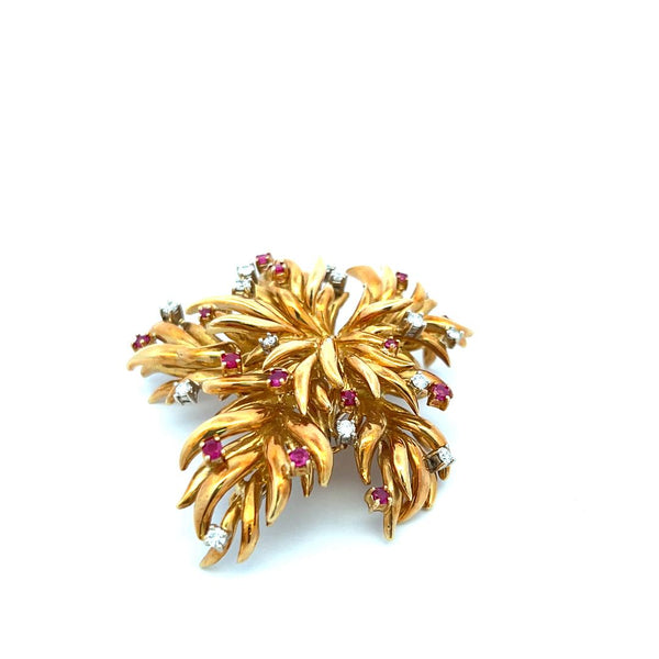 Tiffany & Co 0.45 Carat Ruby 0.42 Carat Round Diamond 18K YG Pin Brooch
