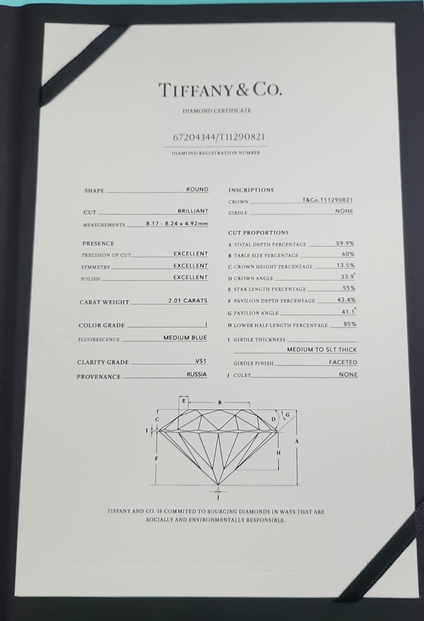 Tiffany & Co 2.01 Carat Round Brilliant I VS1 Diamond Platinum Engagement Ring