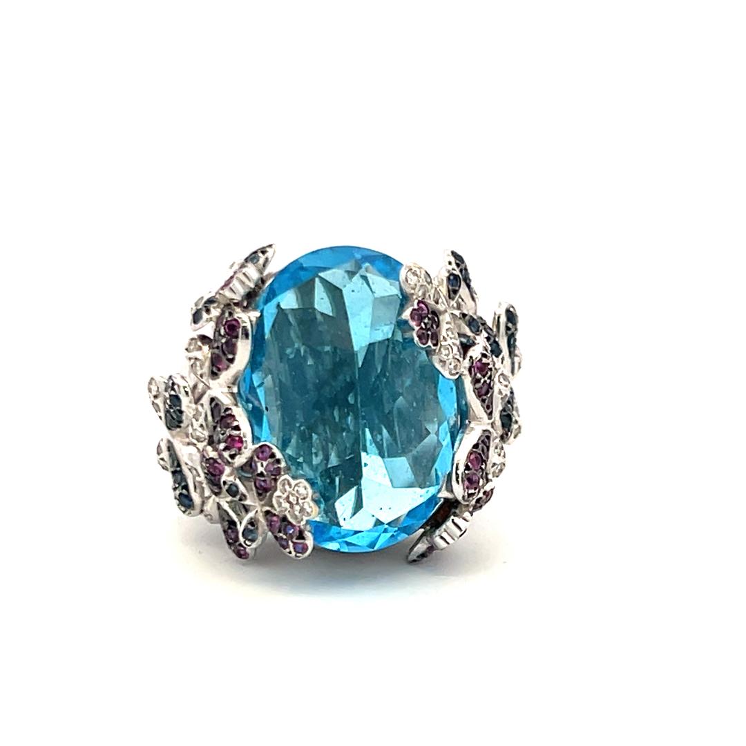 18.9-12.9MM Topaz 0.45 Carat Sapphire 0.10 Carat Diamond 18K WG Cocktail Ring