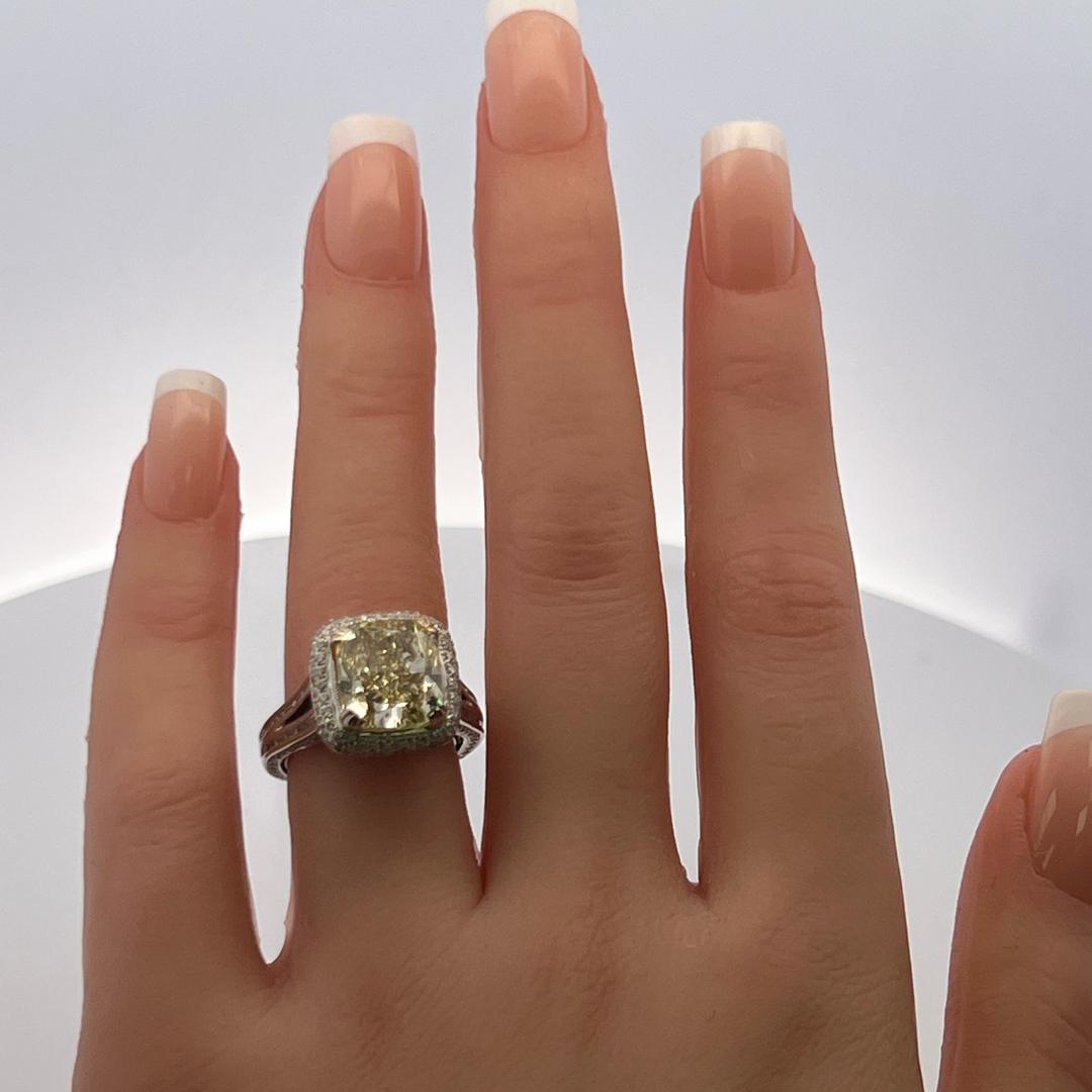 6.08 Carat Cushion Brilliant Fancy Yellow Diamond 18K Gold Engagement Ring