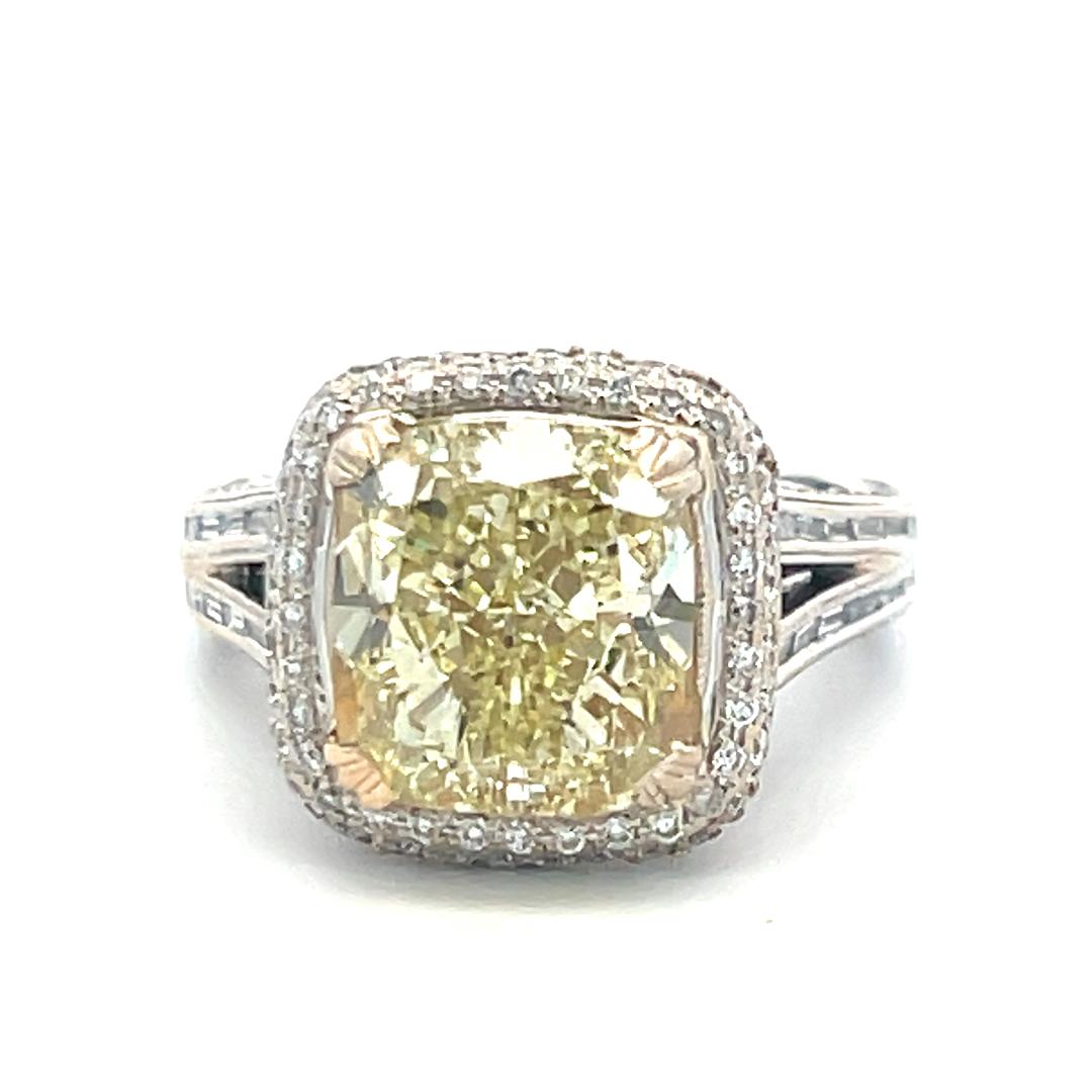 6.08 Carat Cushion Brilliant Fancy Yellow Diamond 18K Gold Engagement Ring