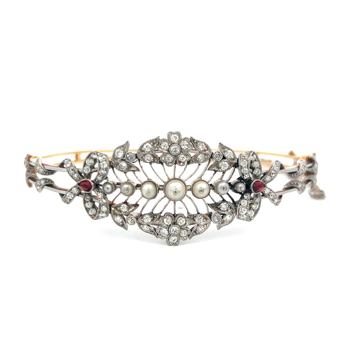 1.00 Carat Diamond 1.7-4.1MM Pearl 0.20 Carat Ruby 14K Gold Bangle Bracelet