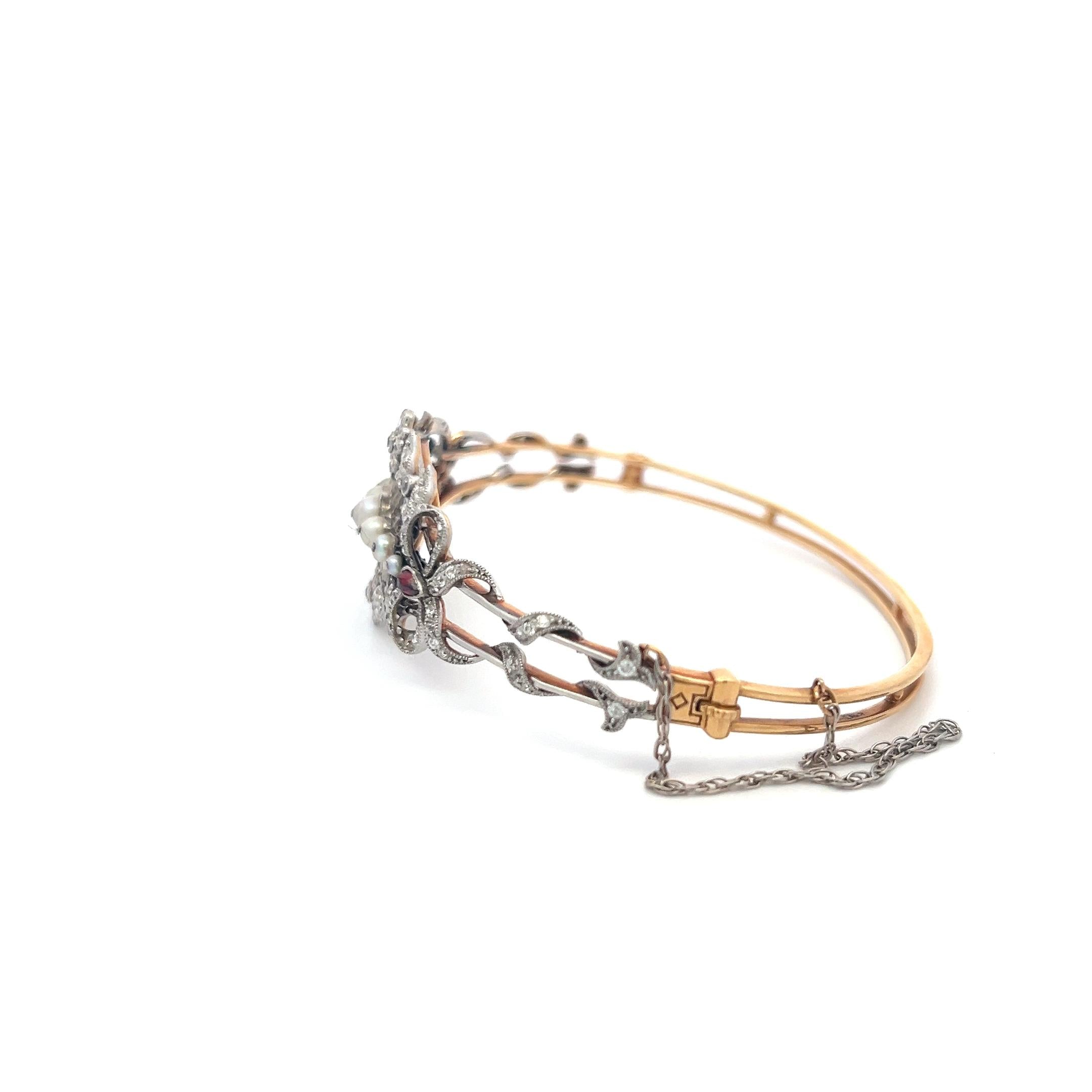 1.00 Carat Diamond 1.7-4.1MM Pearl 0.20 Carat Ruby 14K Gold Bangle Bracelet