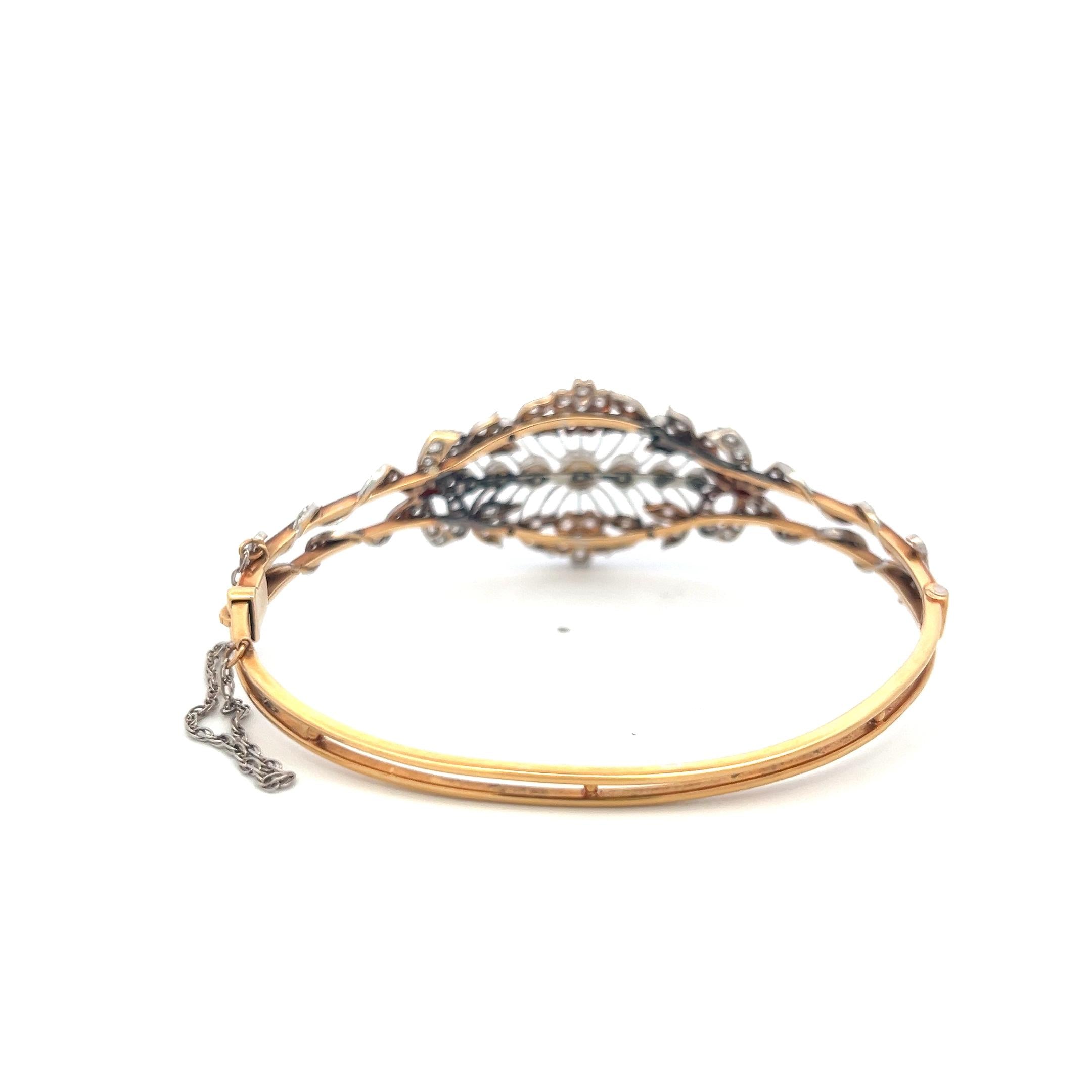 1.00 Carat Diamond 1.7-4.1MM Pearl 0.20 Carat Ruby 14K Gold Bangle Bracelet