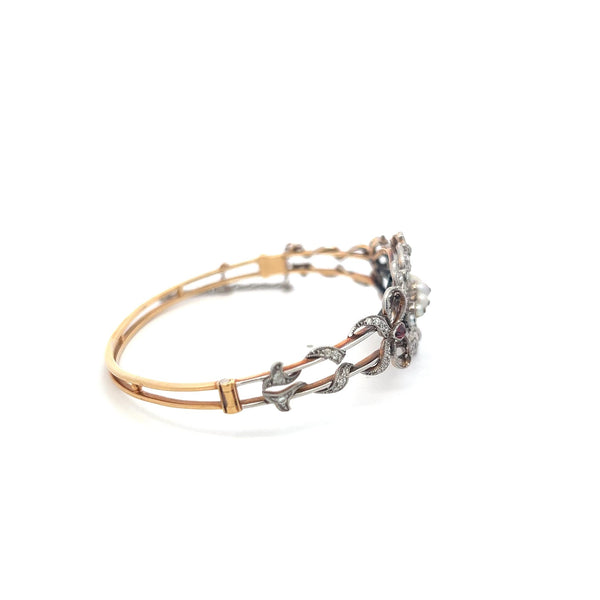 1.00 Carat Diamond 1.7-4.1MM Pearl 0.20 Carat Ruby 14K Gold Bangle Bracelet