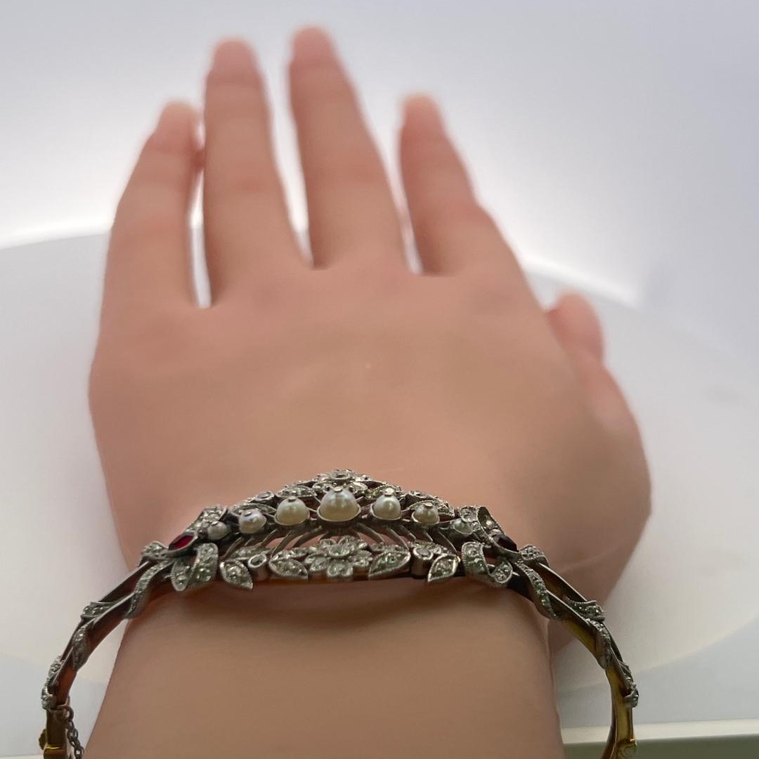 1.00 Carat Diamond 1.7-4.1MM Pearl 0.20 Carat Ruby 14K Gold Bangle Bracelet