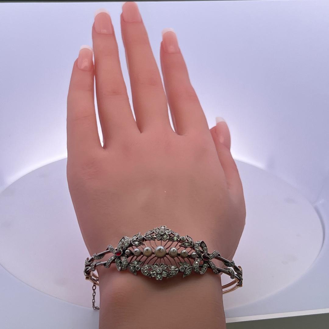 1.00 Carat Diamond 1.7-4.1MM Pearl 0.20 Carat Ruby 14K Gold Bangle Bracelet