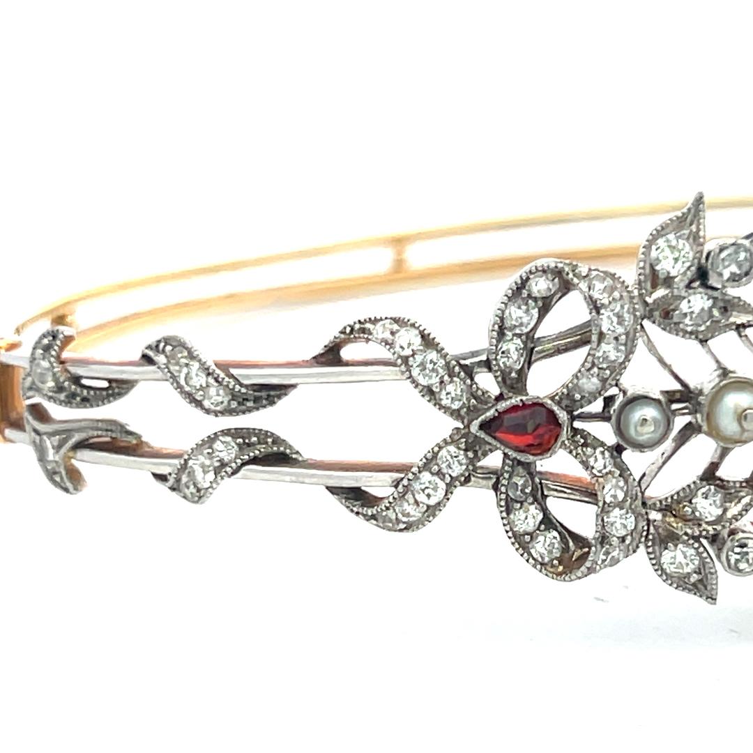 1.00 Carat Diamond 1.7-4.1MM Pearl 0.20 Carat Ruby 14K Gold Bangle Bracelet