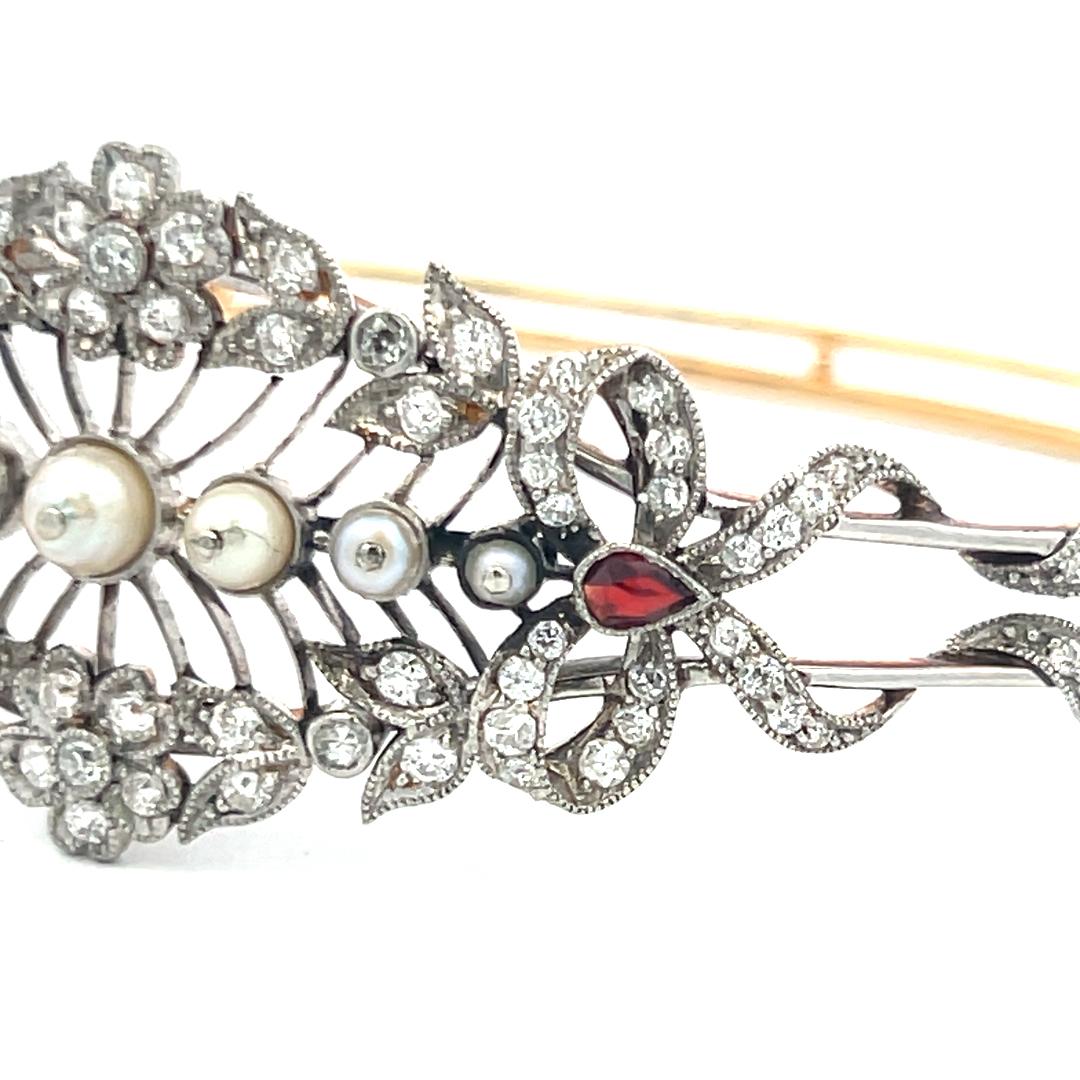 1.00 Carat Diamond 1.7-4.1MM Pearl 0.20 Carat Ruby 14K Gold Bangle Bracelet