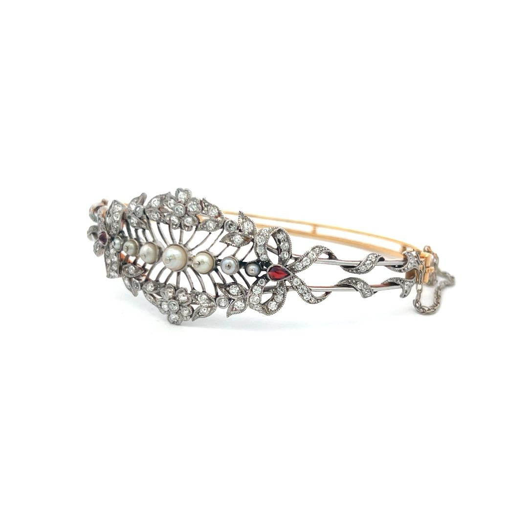 1.00 Carat Diamond 1.7-4.1MM Pearl 0.20 Carat Ruby 14K Gold Bangle Bracelet