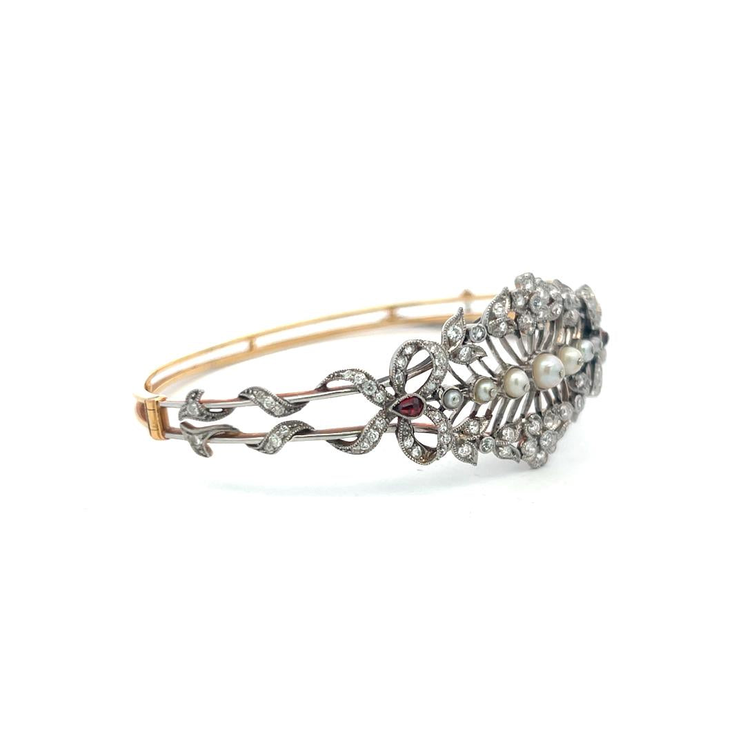1.00 Carat Diamond 1.7-4.1MM Pearl 0.20 Carat Ruby 14K Gold Bangle Bracelet