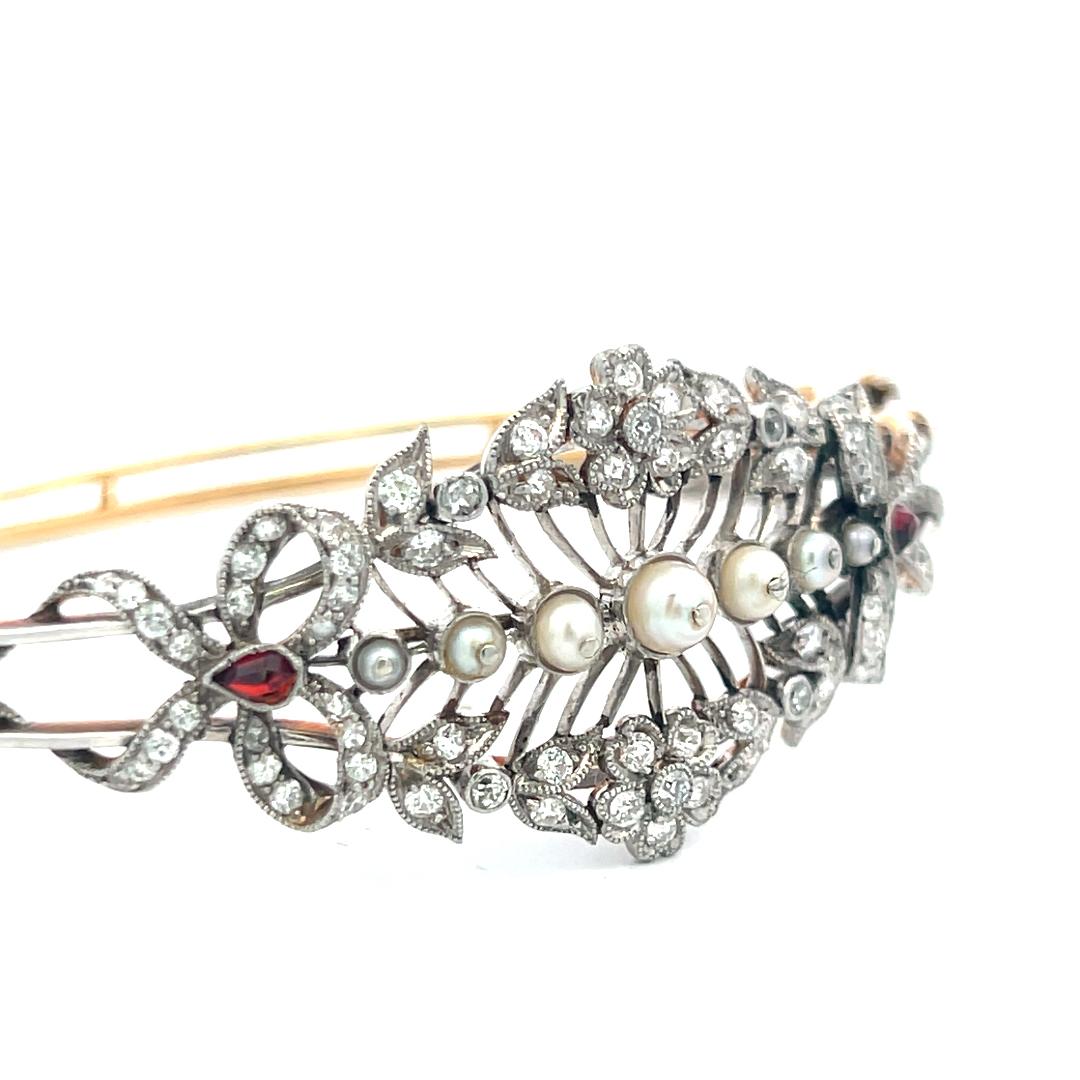 1.00 Carat Diamond 1.7-4.1MM Pearl 0.20 Carat Ruby 14K Gold Bangle Bracelet