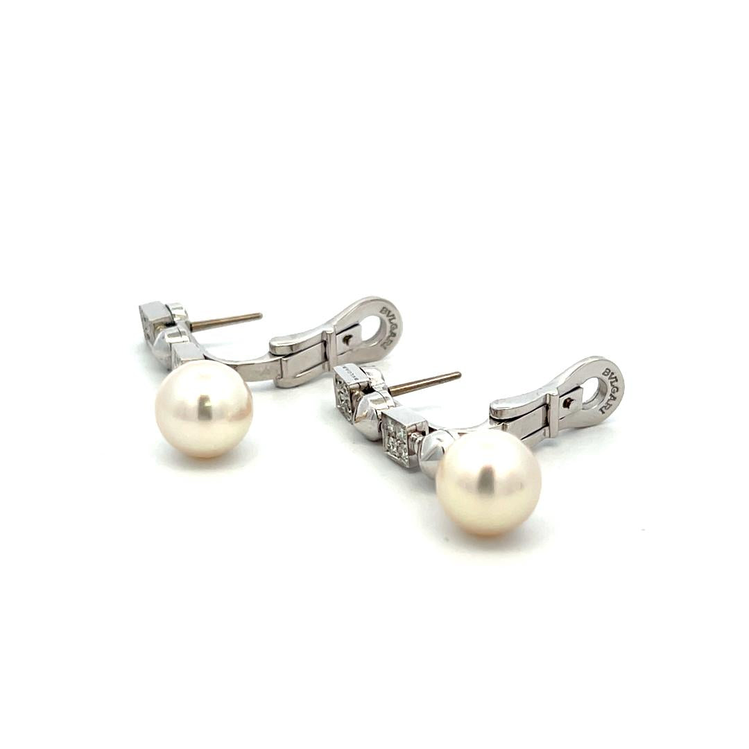 Bvlgari 9MM Pearl 0.32 Carat Round Brilliant Diamond 18K WG Drop Earrings