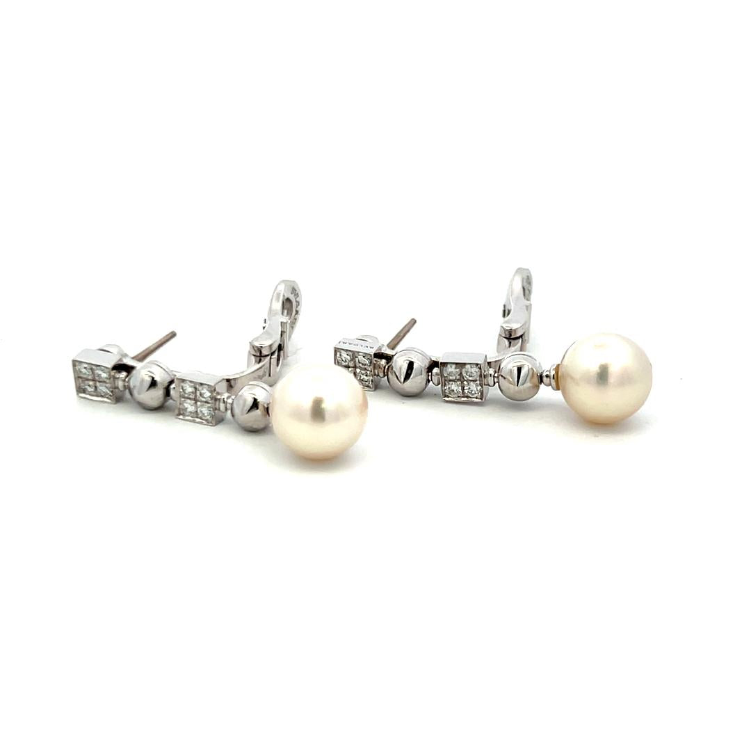 Bvlgari 9MM Pearl 0.32 Carat Round Brilliant Diamond 18K WG Drop Earrings