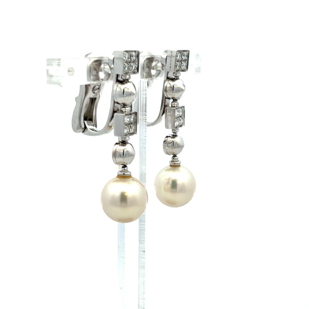 Bvlgari 9MM Pearl 0.32 Carat Round Brilliant Diamond 18K WG Drop Earrings
