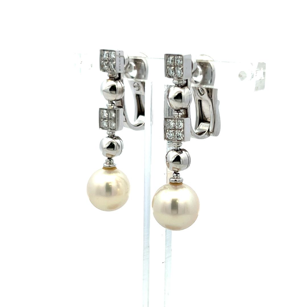 Bvlgari 9MM Pearl 0.32 Carat Round Brilliant Diamond 18K WG Drop Earrings