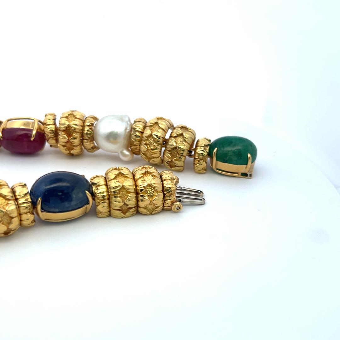 David Webb 18K Yellow Gold Necklace with Emerald, Ruby, Sapphire & Pearls