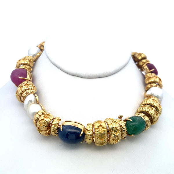 David Webb 18K Yellow Gold Necklace with Emerald, Ruby, Sapphire & Pearls