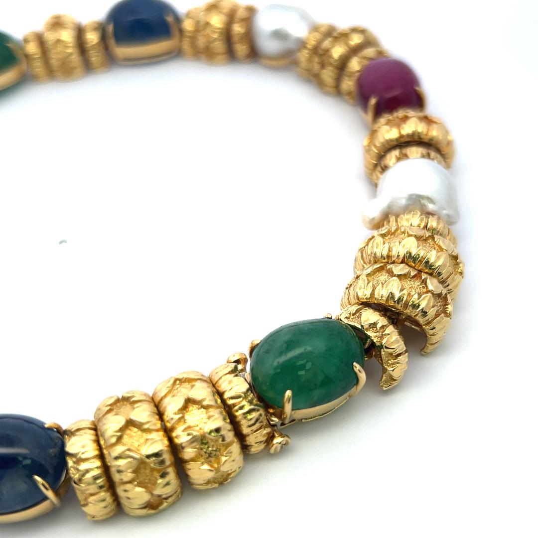 David Webb 18K Yellow Gold Necklace with Emerald, Ruby, Sapphire & Pearls