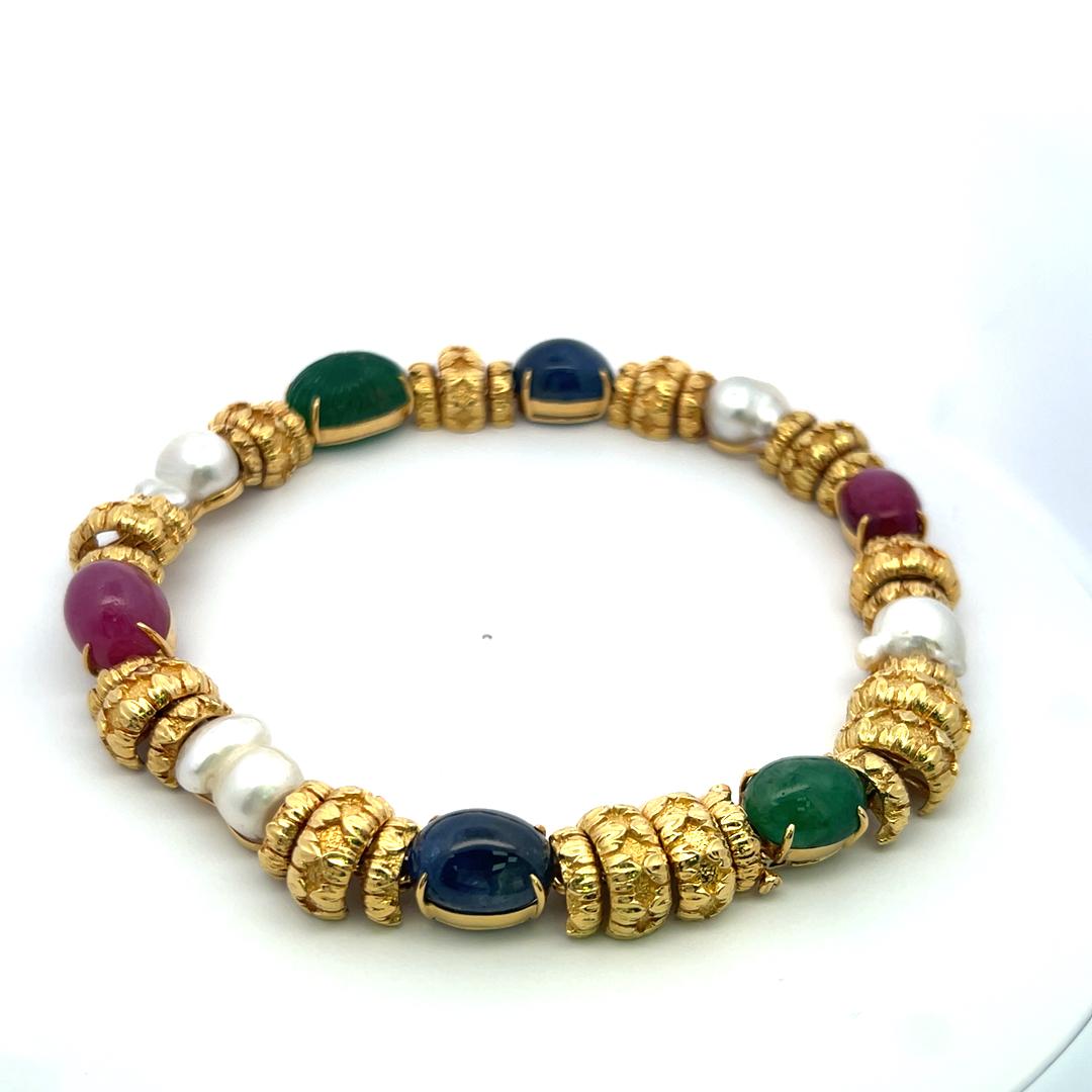 David Webb 18K Yellow Gold Necklace with Emerald, Ruby, Sapphire & Pearls