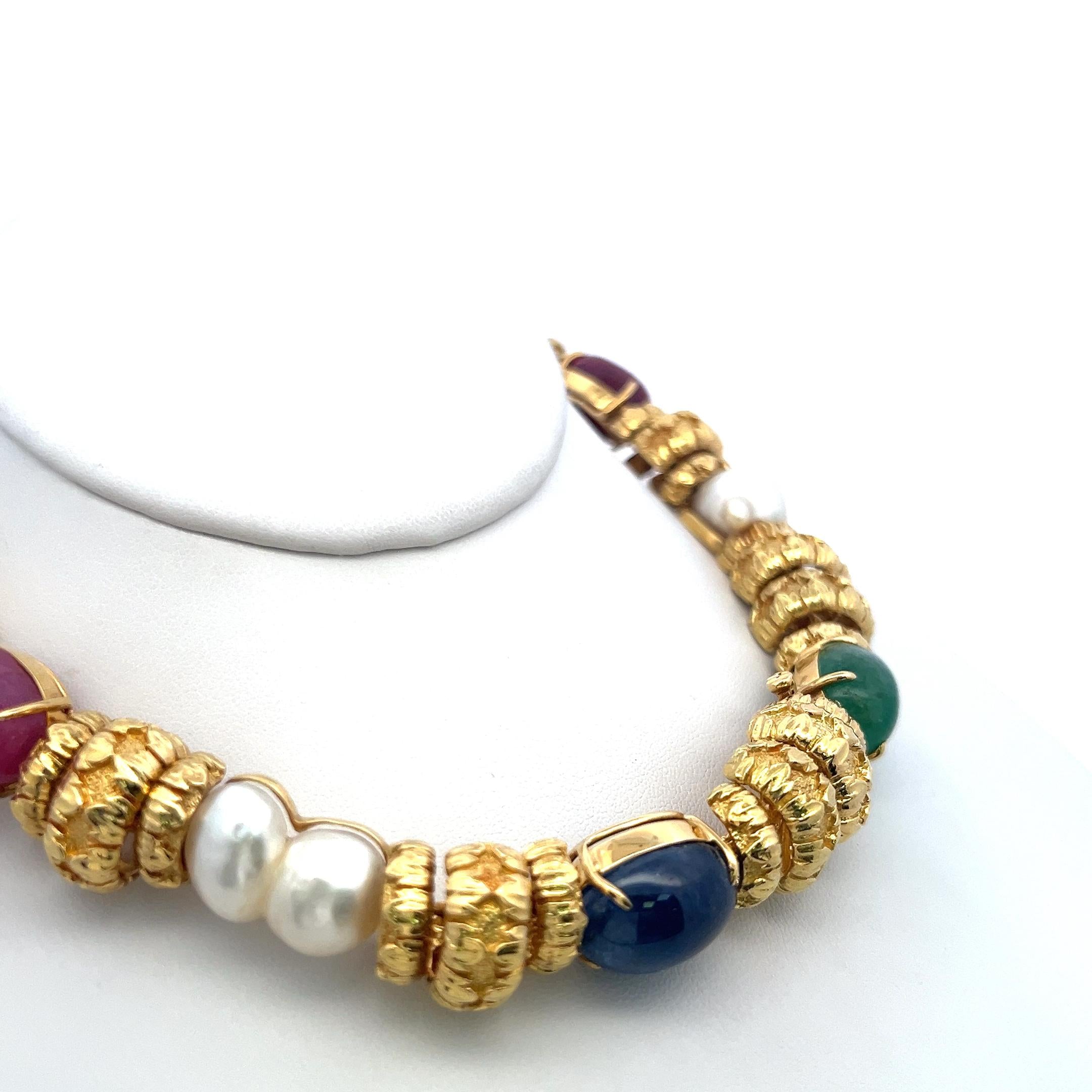 David Webb 18K Yellow Gold Necklace with Emerald, Ruby, Sapphire & Pearls