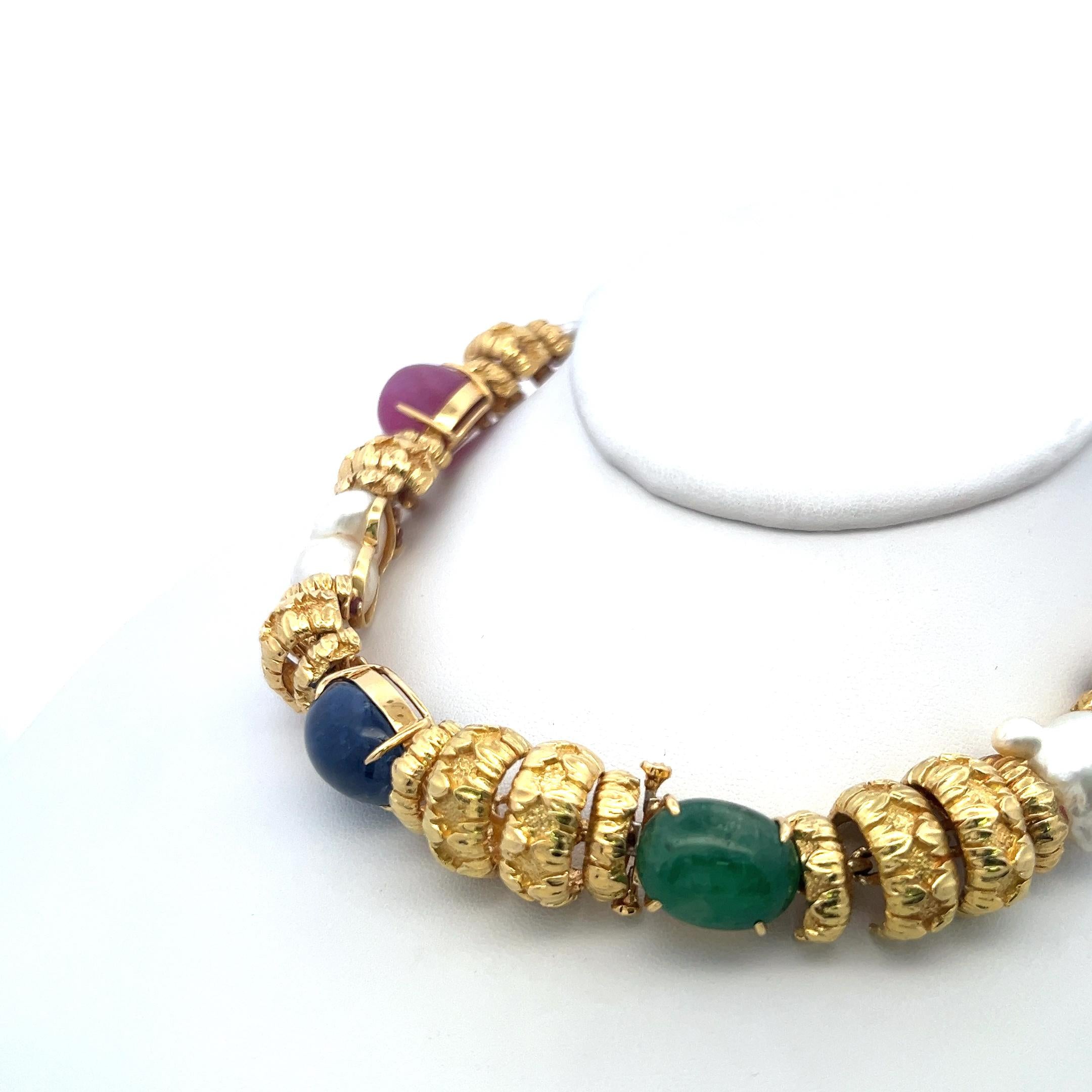 David Webb 18K Yellow Gold Necklace with Emerald, Ruby, Sapphire & Pearls