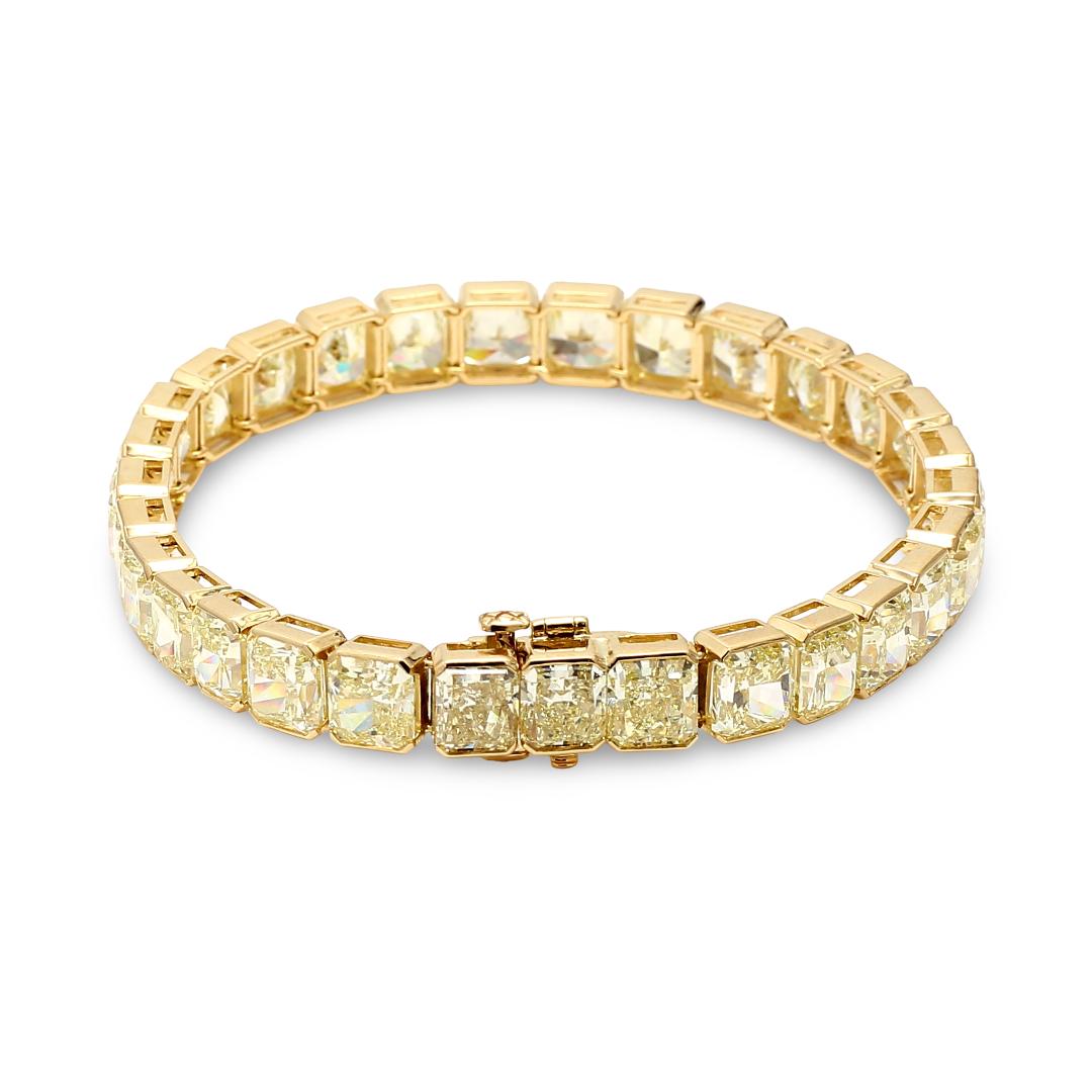 18K YG Tennis Bracelet with 43.35 Carat Radiant Cut Diamonds Fancy-lit GIA