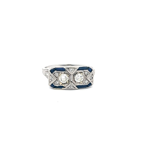 0.50 Carat Old European Diamond 0.25 Carat Sapphire Platinum Art Deco Ring
