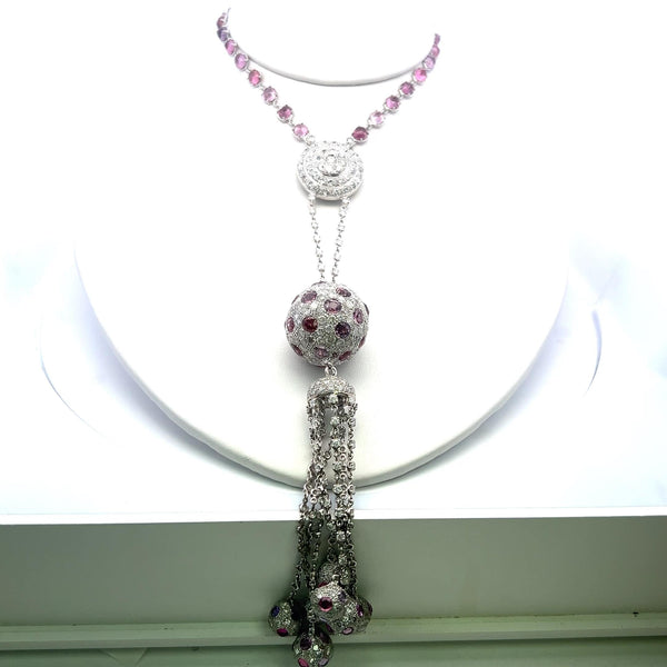 20.00 Carat Diamond 20.00 Carat Sapphire 18K White Gold Dangling Necklace