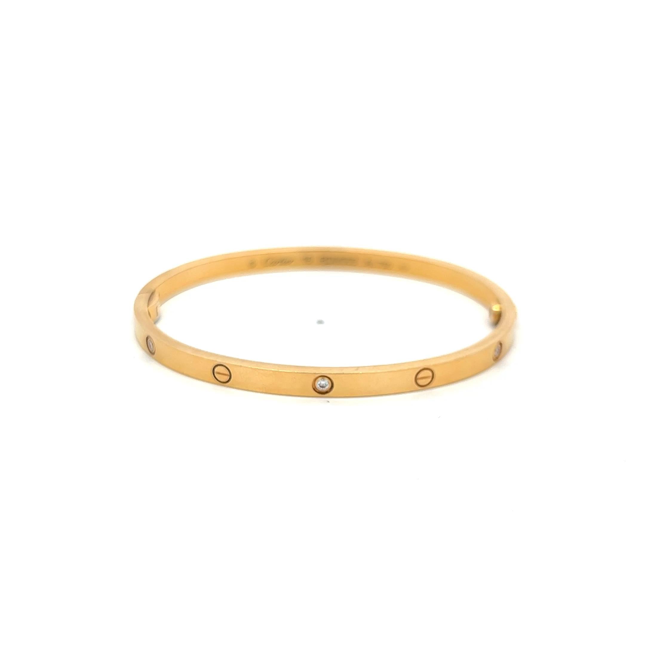 Cartier 0.15 Carat Round Diamond 18K Yellow Gold Love Bracelet with Cert Size 16