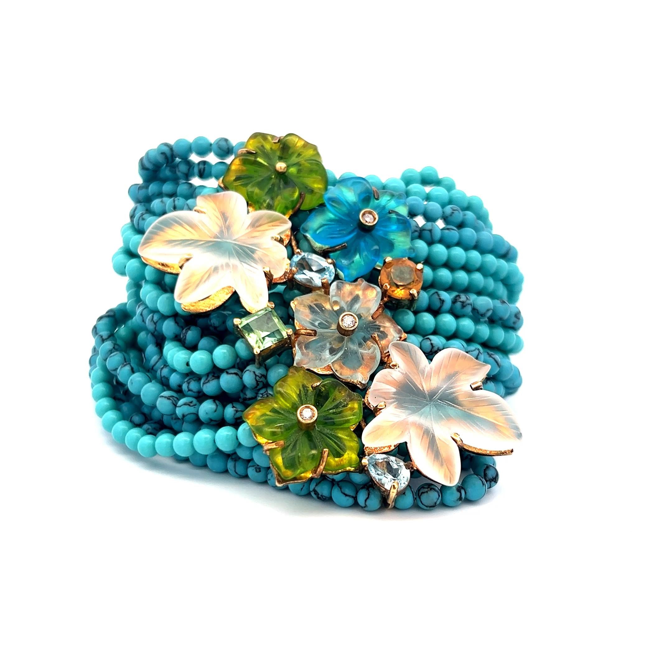 18K YG Bead Bracelet 0.03ct Diamond 0.7ct Aquamarine 0.75ct Peridot & Turquoise