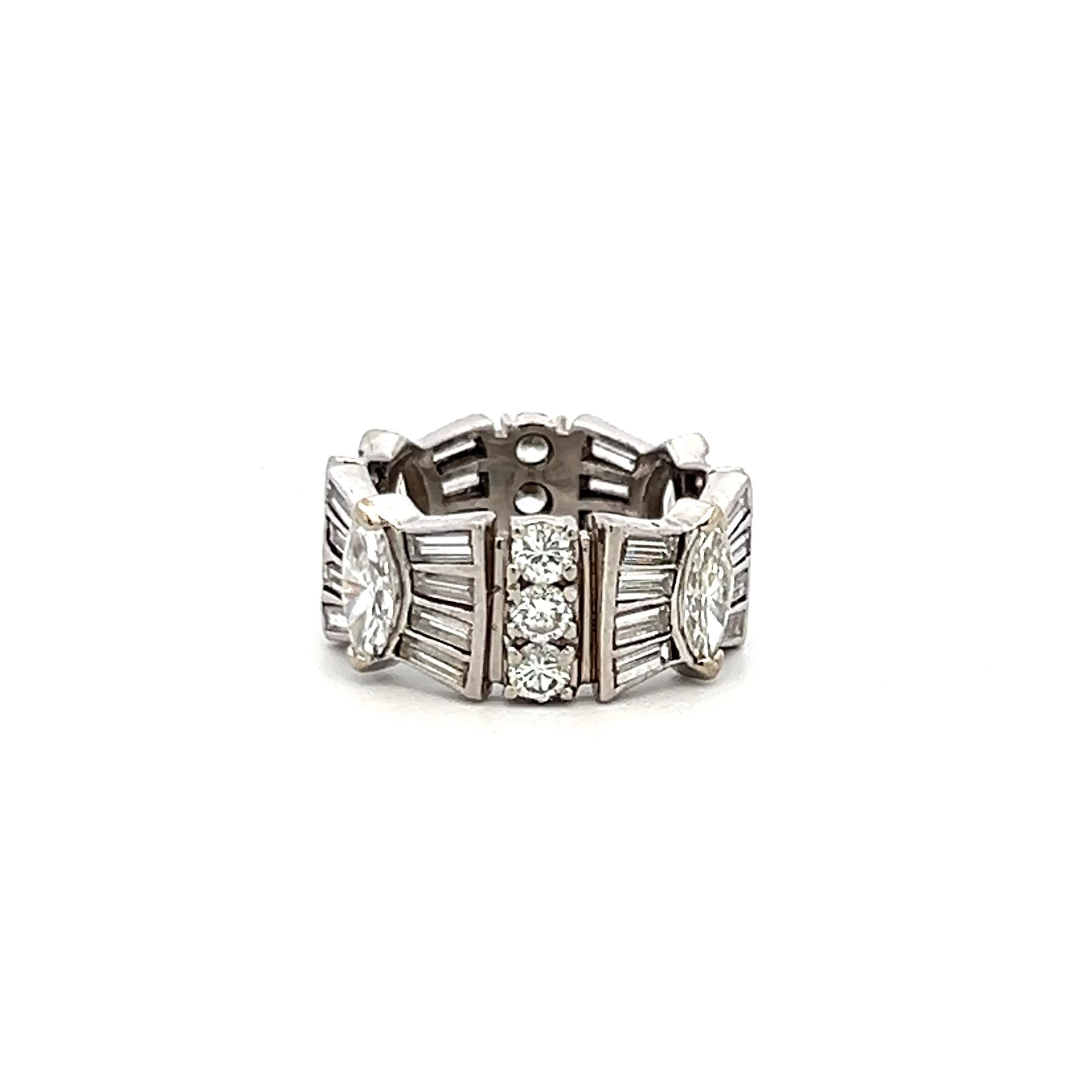 4.08 Carat Marquis and Tapered Baguette Round Diamond Platinum Band Ring