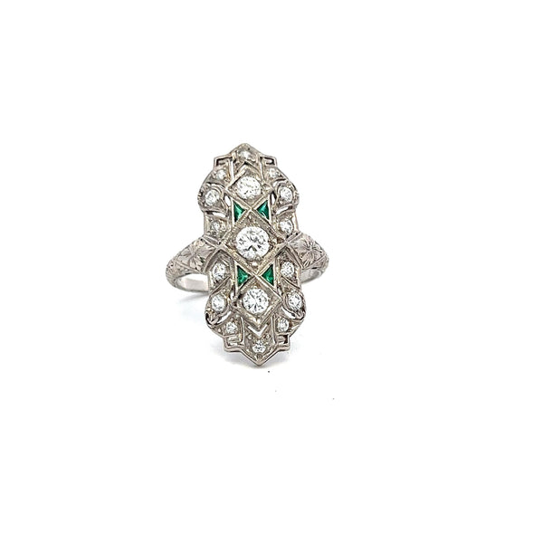 0.89 Carat Old European Cut Diamond 0.12 Carat Emerald Platinum Vintage Ring