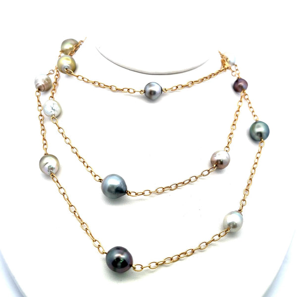 9-11.7 MM Multi Color Pearl 18 Karat Yellow Gold Link Necklace
